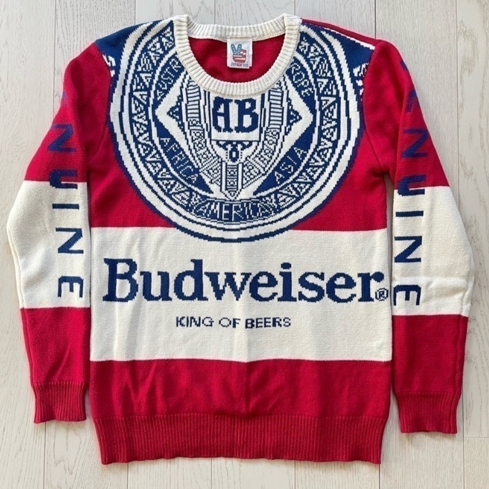 Budweiser Men’s Sweater Small Junk Food Ugly Red White Blue Beer
